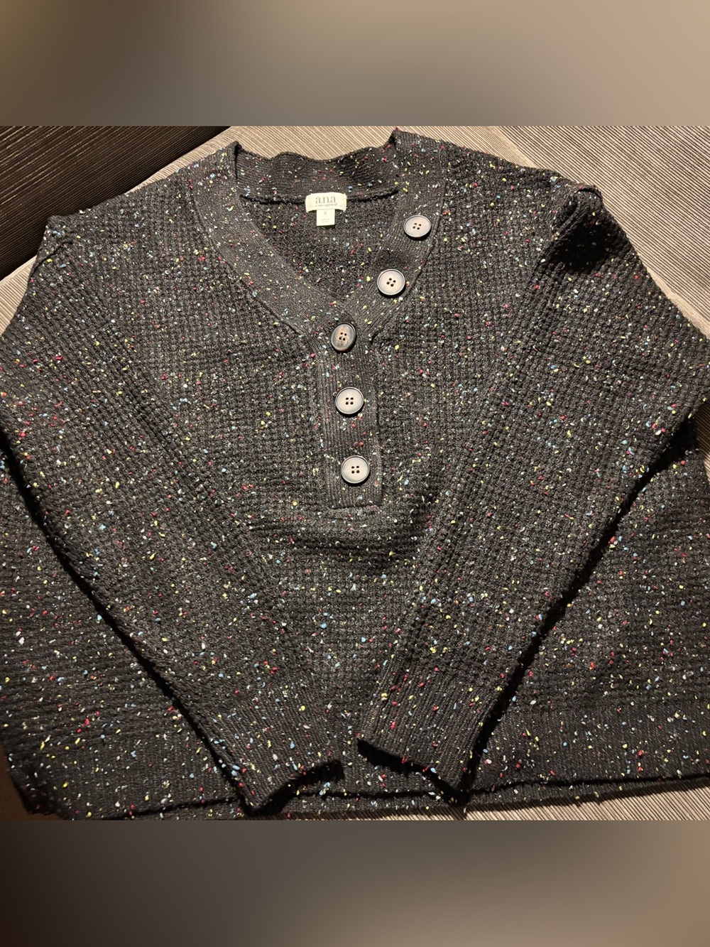 a.n.a Women’s black V-Neck Henley Sweater with Multicolor Speckles